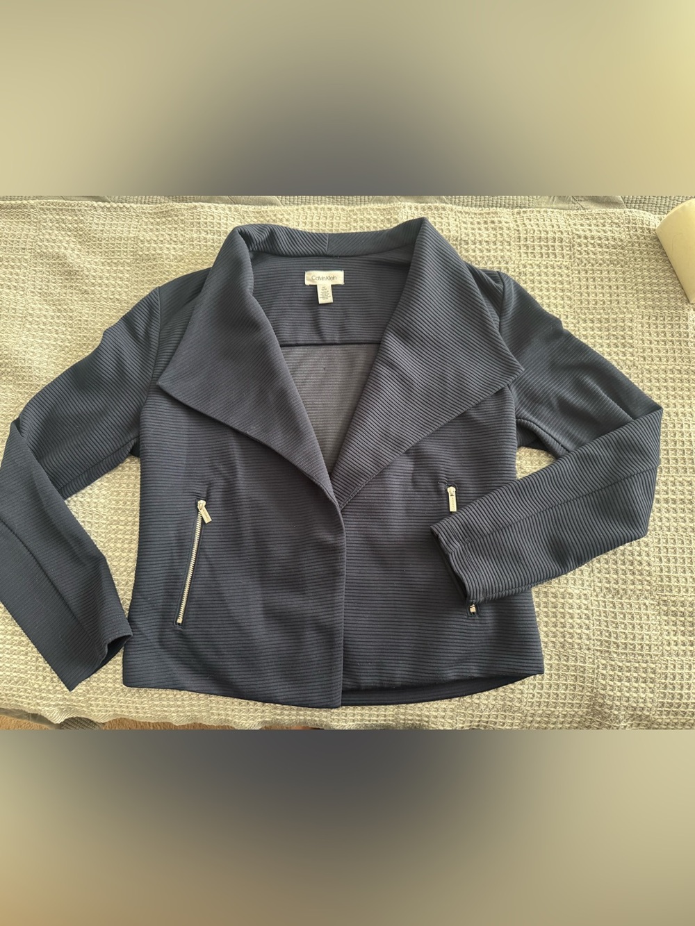 Calvin Klein Navy Ribbed Zip-Pocket Knit Jacket